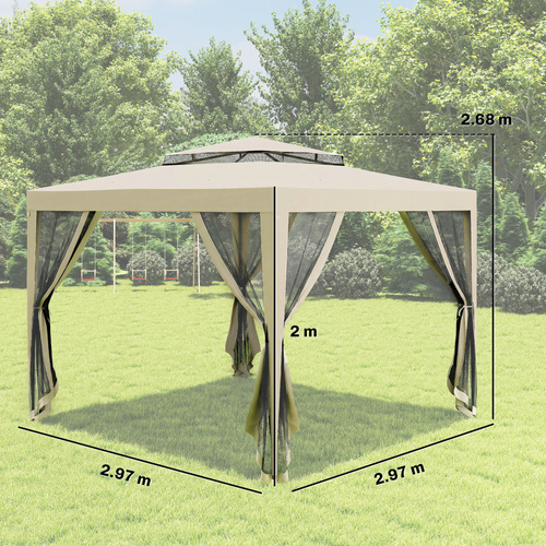 Outsunny 3 x 3 m Gazebo, Netting Party Tent, Patio Canopy Outdoor Event Shelter with Double Tier Roof, Beige