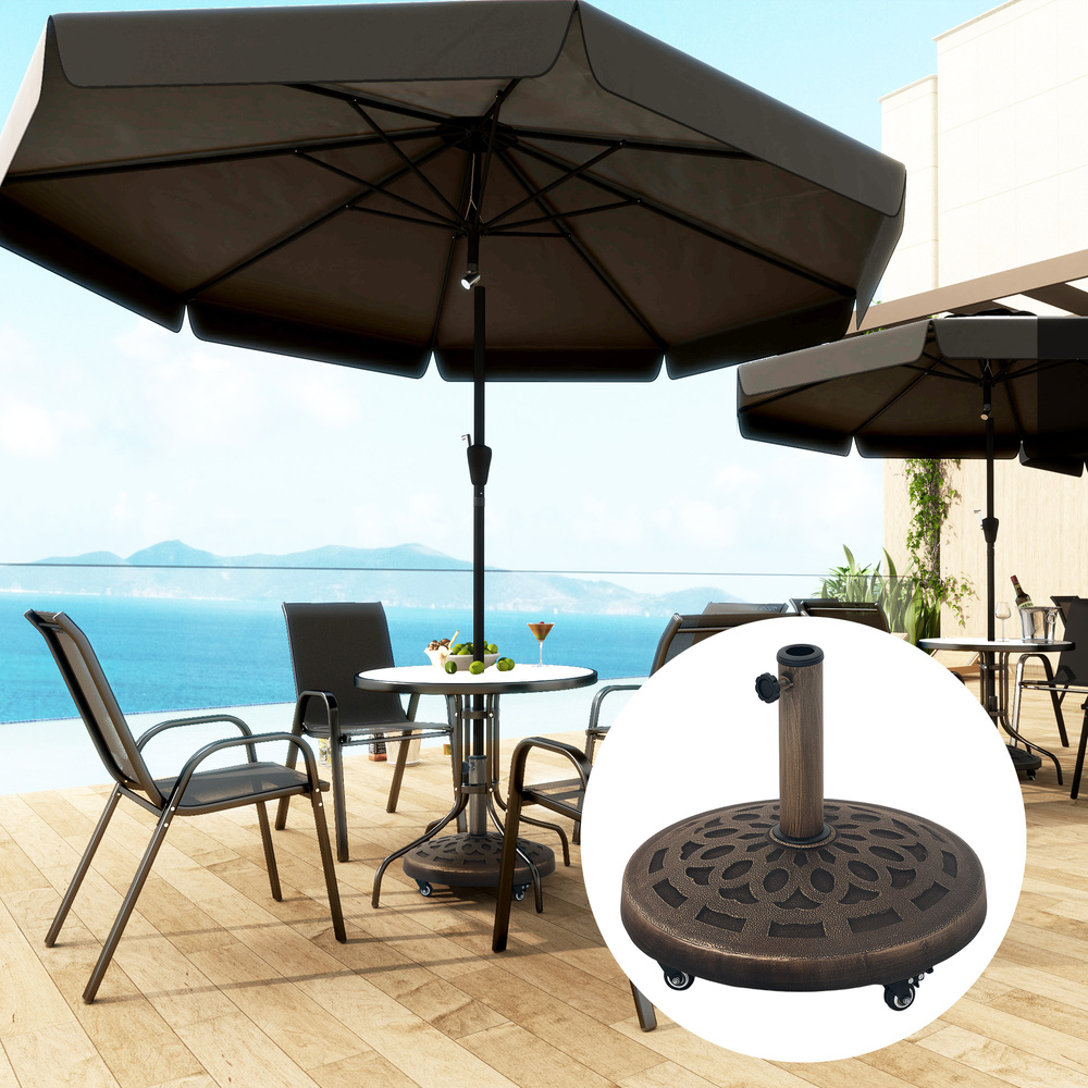 Outsunny 21kg Resin Garden Parasol Base with Wheels, Round Umbrella Stand, Heavy Duty Sun Umbrella Base for 32, 38, 48 mm Umbrella Poles for Deck Poolside, Bronze Tone