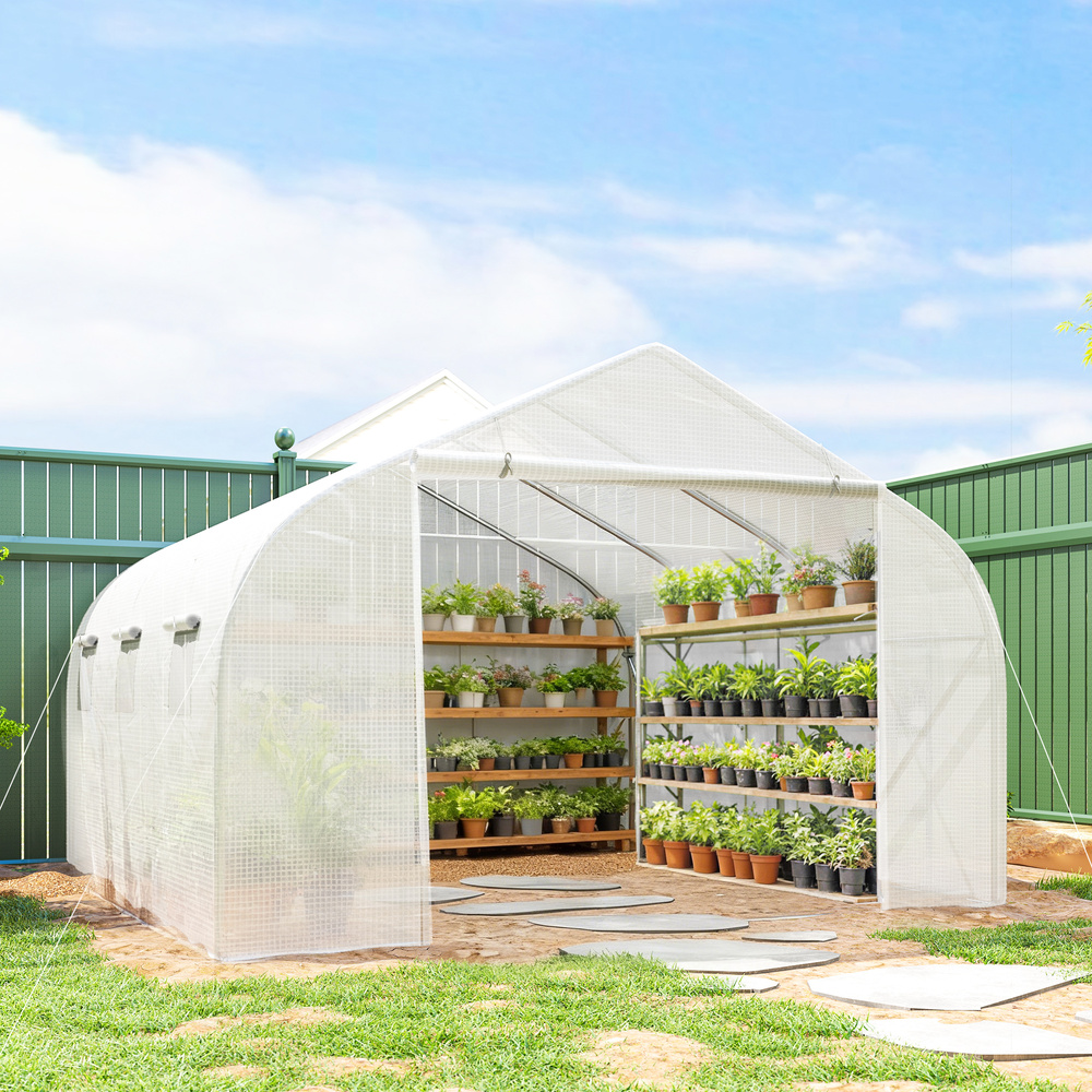 Outsunny 3.5 x 3 x 2m, Walk-In Polytunnel Greenhouse Warm House Garden Tunnel Shelter Plant Shed, White