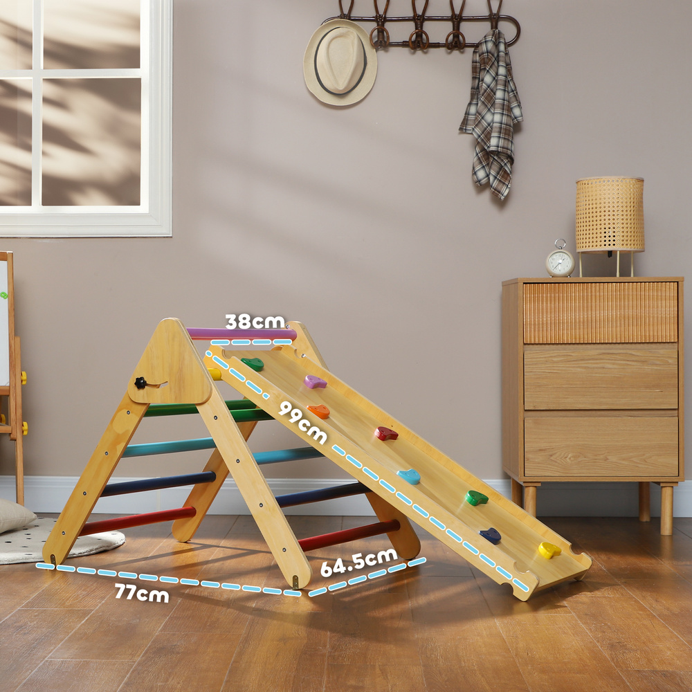 AIYAPLAY Toddler Climbing Frame for Kids, with Ramp, 3-in-1 Wooden Play Triangle Set for 18-48 Months, Multicolour