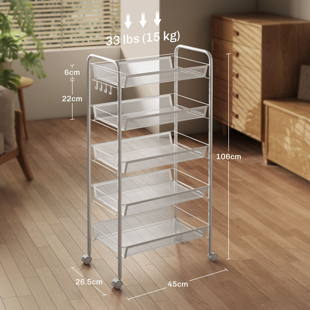 HOMCOM Five-Steel Mesh Basket Storage Trolley, with Wheels - White