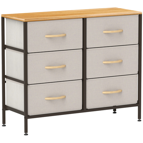 HOMCOM Fabric Chest of Drawers, Industrial Bedroom Dresser with 6 Fabric Drawers, Steel Frame and Wooden Top for Nursery, Living Room, Hallway, Cream White