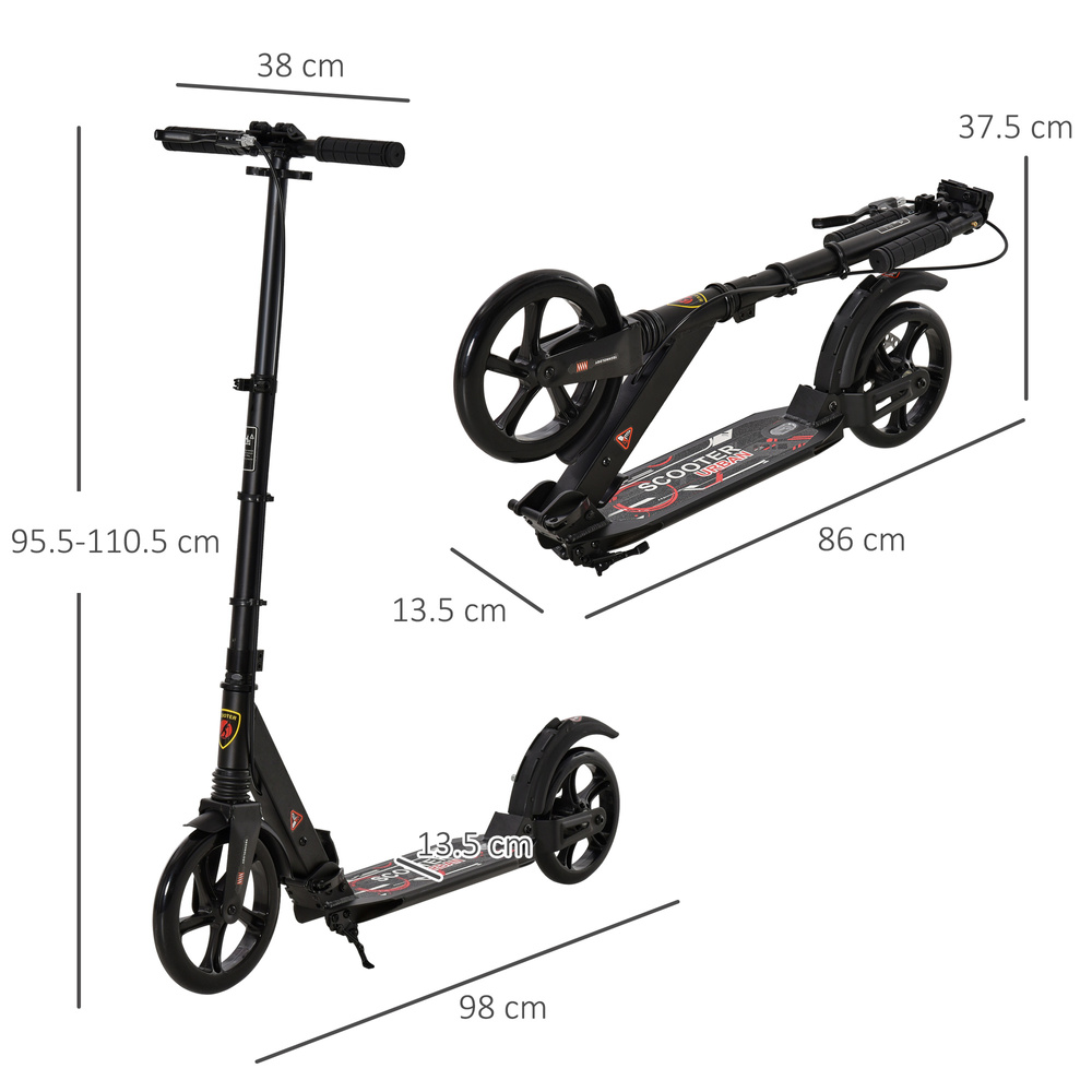 HOMCOM Kick Scooter, Folding 2 Wheel Scooter with Dual Brake System, Dual Suspension, 230mm Big Wheels and 3 Adjustable Handlebar, for 14+ Teens Adults, up to 100KG, Black