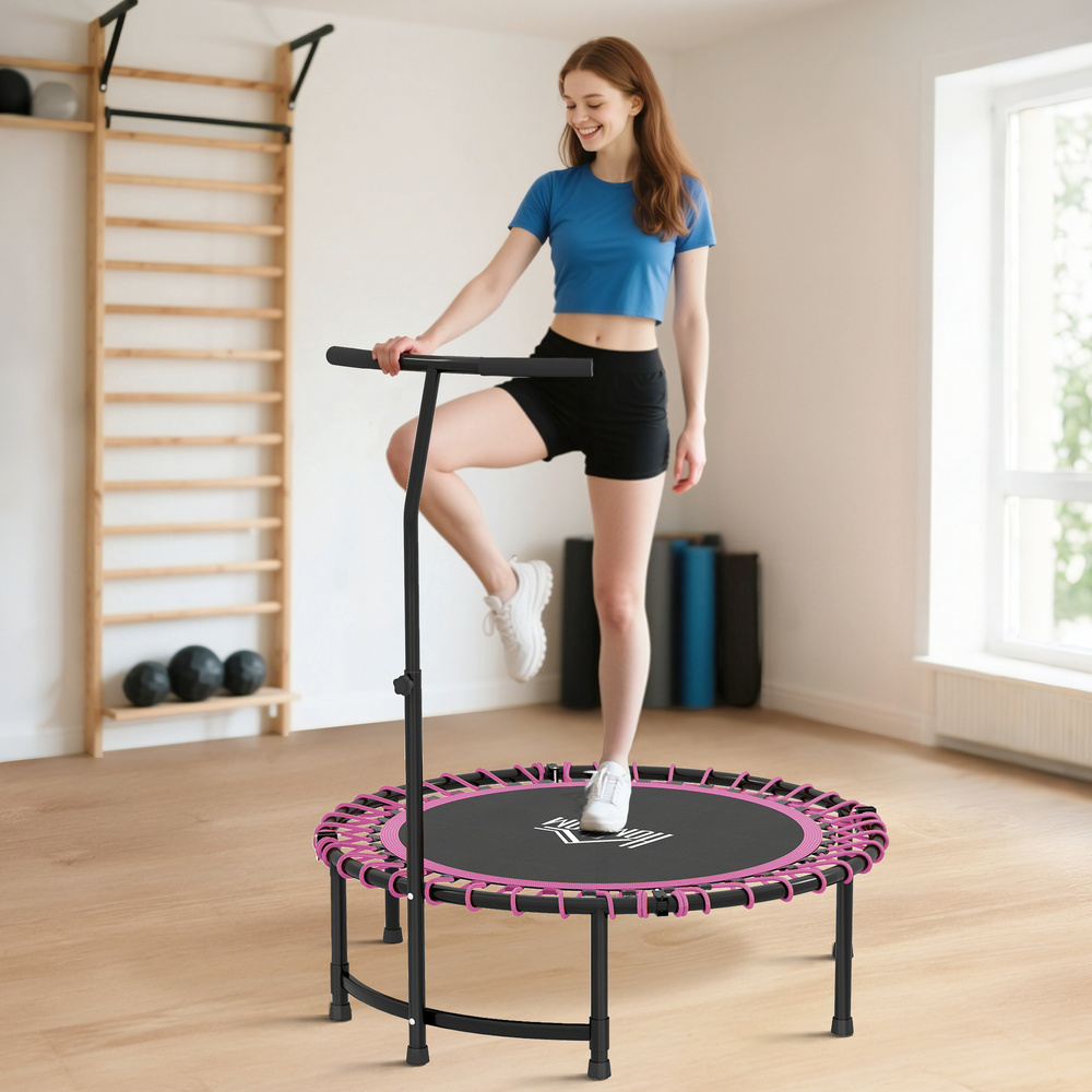 HOMCOM Mini Round Steel Frame Trampoline w/ Adjustable Handle, Pink