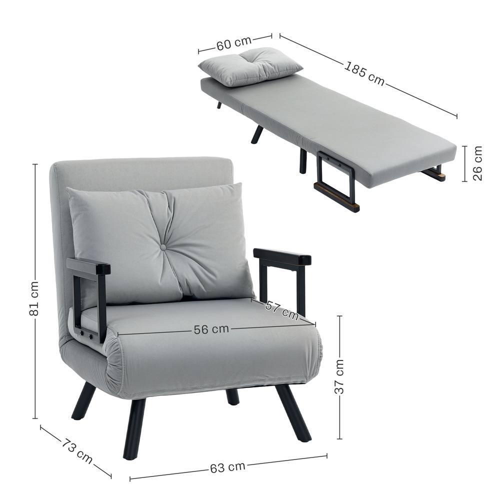 HOMCOM 4-in-1 Velvet-Feel Single Chair Bed, with Pillow - Light Grey