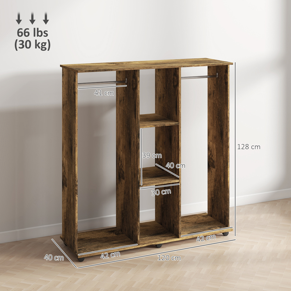 HOMCOM Open Wardrobe Double Mobile Storage Shelves Organizer W/6 Wheels-Rustic Brown