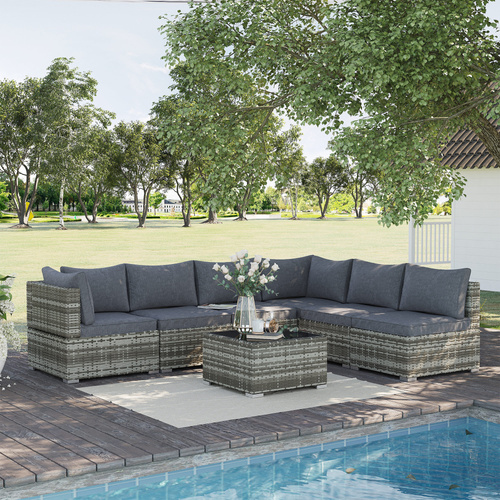 Outsunny 7 Pieces Outdoor PE Rattan Corner Sofa Set, Patio Wicker Conversation Chaise Lounge Furniture w/ Tempered Glass Table-top & Soft Padded Cushion for Garden, Backyard, Lawn, Dark Grey