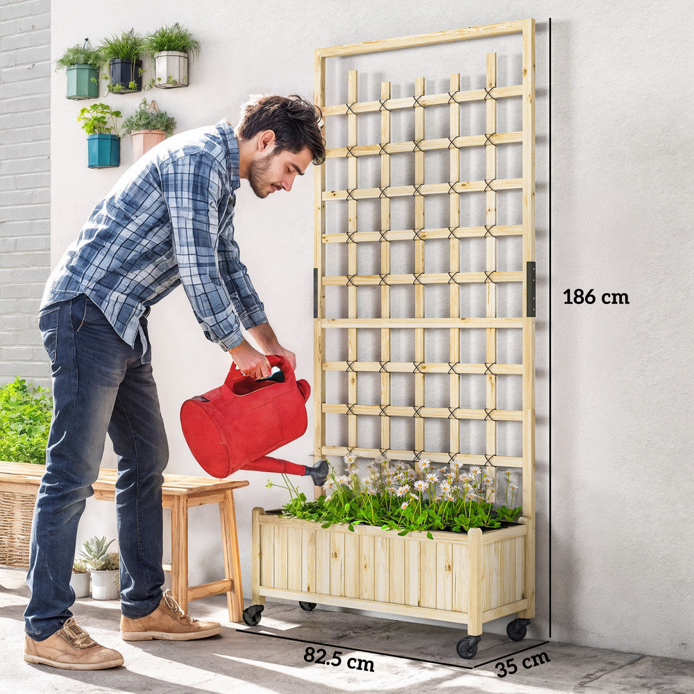 Outsunny Wooden Trellis Planter, Raised Garden Bed with Wheels, to Climb and Grow Vegetables, Herbs and Flowers, Natural