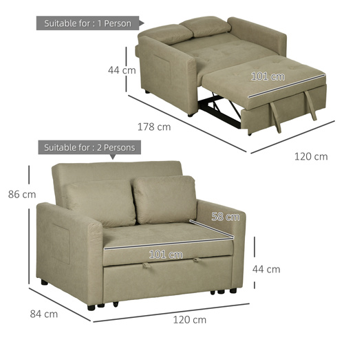 HOMCOM Loveseat Sofa Bed, Convertible Bed Settee with 2 Pillows, Side Pockets, Light Brown