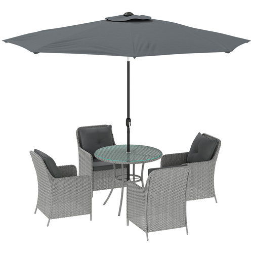 Outsunny 4 Seater Rattan Dining Set with Parasol & Cushions - Light Grey
