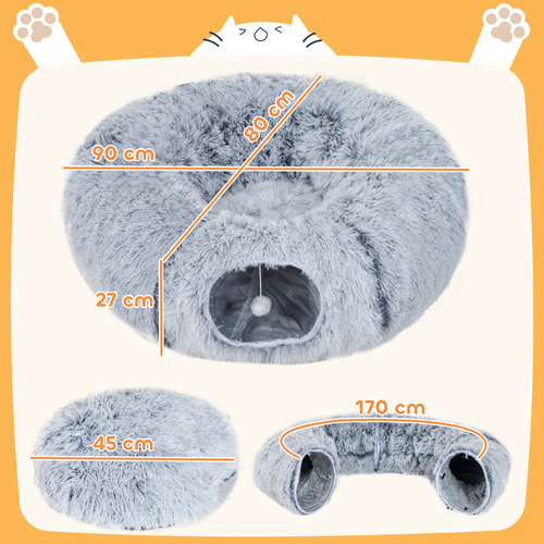 PawHut 2-in-1 Donut Cat Tunnel with Washable Bed, Play Tunnel Bed with Toy Ball and Door Hole for Indoor Cats, Light Grey