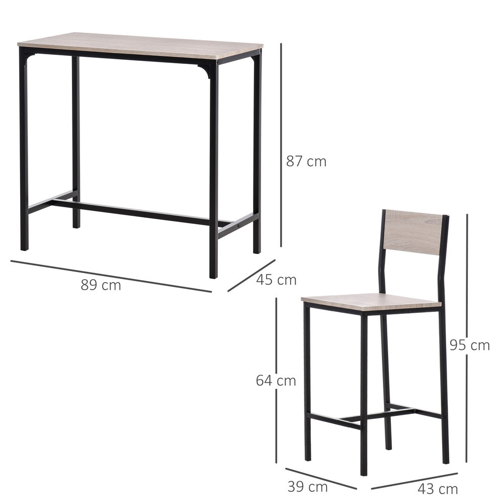 HOMCOM 3-Piece Bar Table Set with 2 Stools, Industrial Breakfast Bar Set with Footrest, Backrest for Dining Room, Small Space