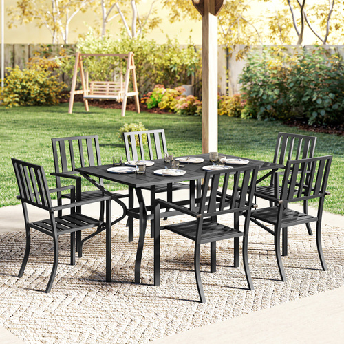 Outsunny 7 Pieces Garden Table and Chairs 6 Seater Outdoor Table and Chairs with Umbrella Hole, for Poolside, Garden, Black