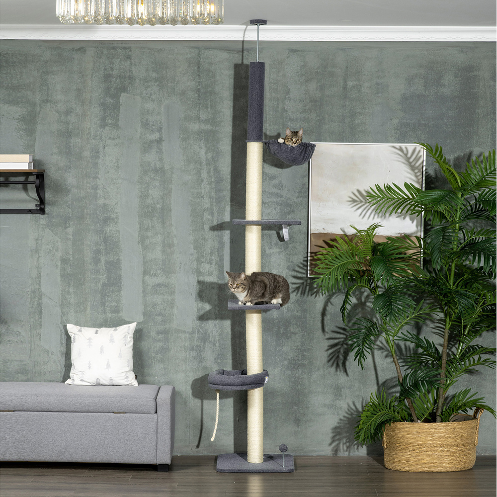 PawHut 240-270cm Floor-To-Ceiling Cat Tree, 5 Tier Cat Climbing Tower, with Bed, Hammock, Platforms, Dark Grey and Cream