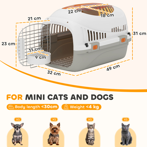 PawHut Plastic Pet Carrier Hard Shell Dog Cat Carrier Max 4 KG Steel Door Feed Bowl Secure Lock 49 x 32 x 31 cm