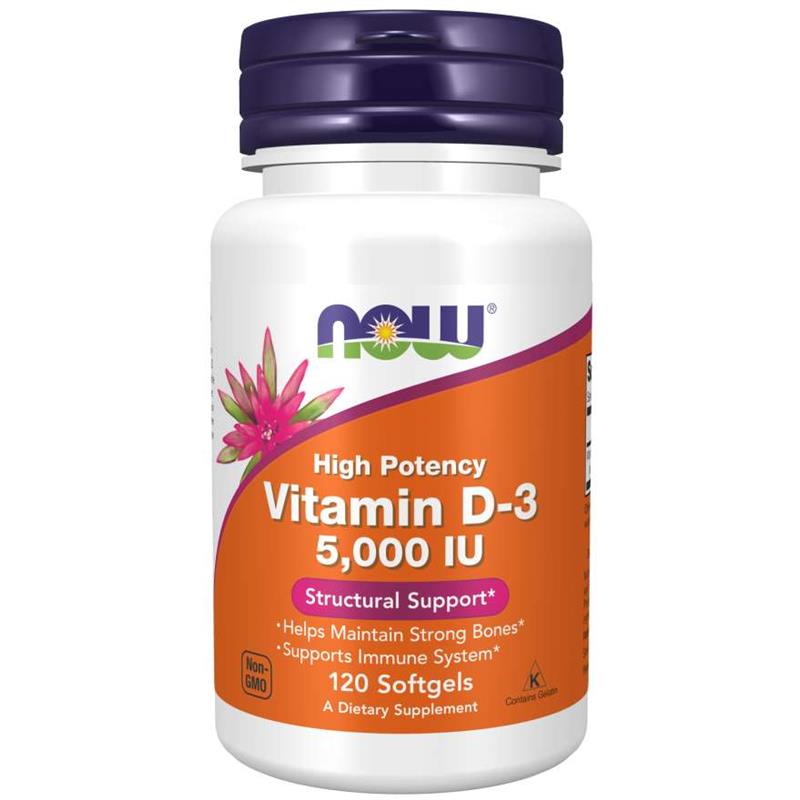 Now Foods Vitamin D-3 5000 IU  Wspiera Odporność Mięśnie i Pracę Mózgu 120 Kapsułek