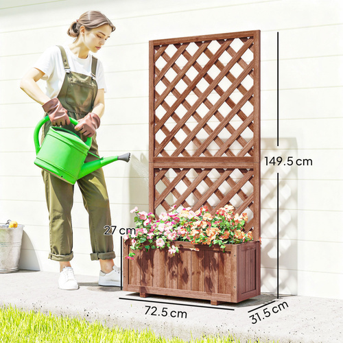 Outsunny 72.5 x 31.5 x 149.5 cm 45L Garden Wooden Pine Trough Planter with Topped Trellis Climbing Plants Flower Raised Bed, Orange