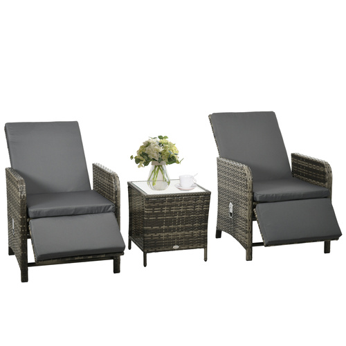 Outsunny 3 Pieces Rattan Bistro Set Balcony Furniture with Cushions, Storage Function - Dark Grey