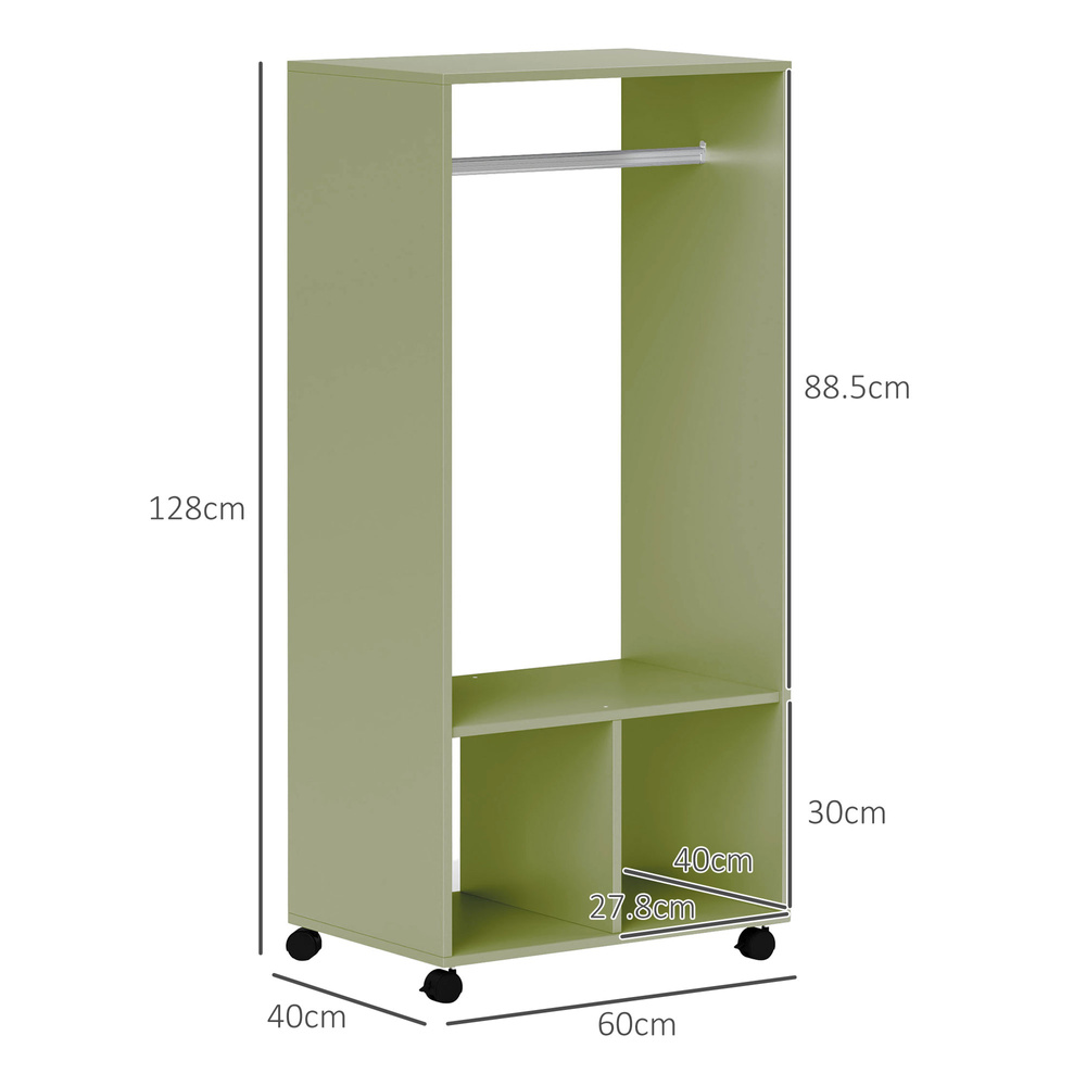 HOMCOM Open Wardrobe on Wheels, Bedroom Wardrobe with Clothes Hanging Rail, 2 Storage Shelves, Mobile Garment Rack for Cloakroom, Hallway, Green
