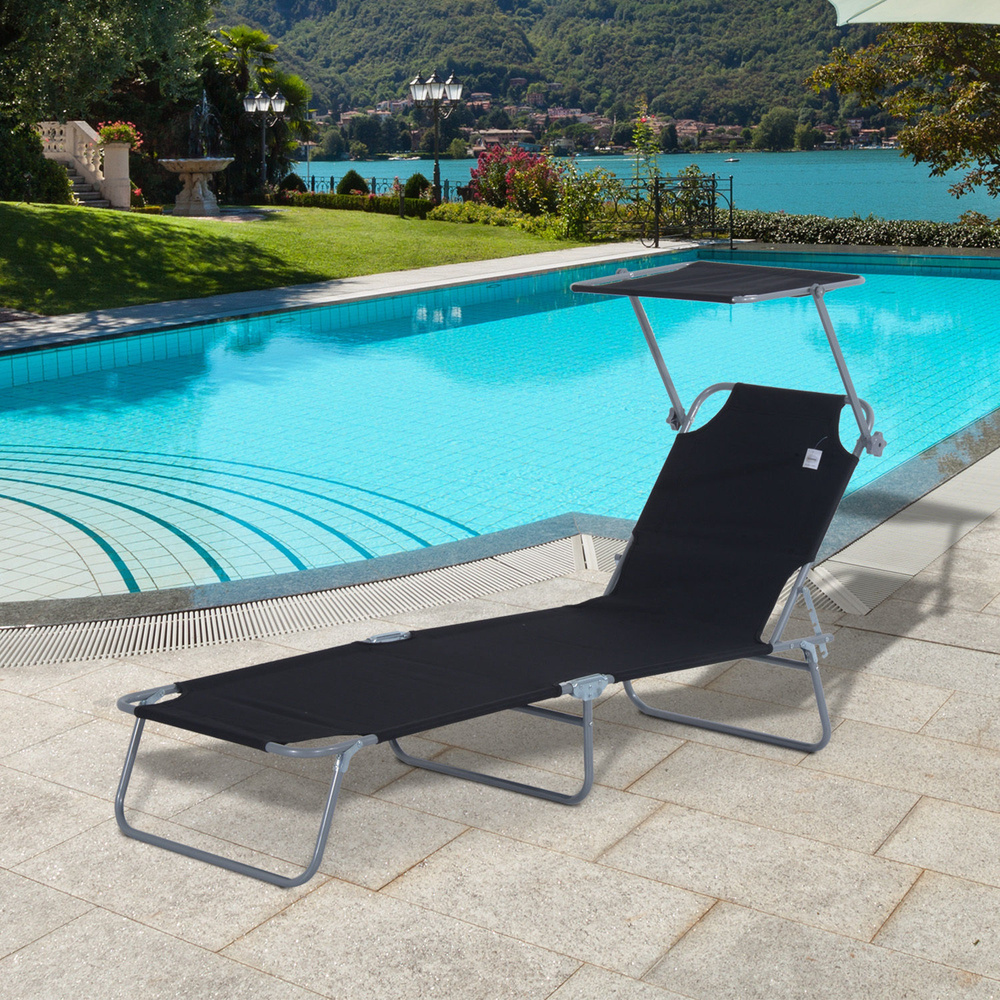 Outsunny Outdoor Foldable Sun Lounger, 4 Level Adjustable Backrest Reclining Sun Lounger Chair with Angle Adjust Sun Shade Awning for Beach, Garden, Patio, Black
