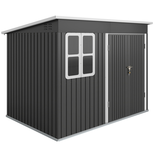 Outsunny 8.5 x 6ft Storage Shed Galvanised Steel Garden Shed, Metal Shed with Foundation Kit, Window, Lockable Wide Doors and Air Vents for Outdoor Patio, Dark Grey