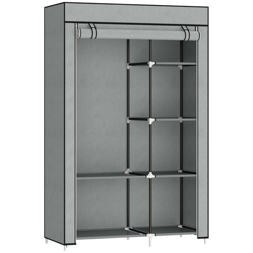 HOMCOM Fabric Wardrobe, Portable Wardrobe with 6 Shelves, 1 Hanging Rail, Foldable Closets, 103 x 43 x 162.5 cm, Light Grey