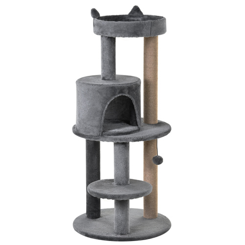 PawHut 104 cm Cat Tree, Cat Condo Tree Tower, Cat Activity Centre with Scratching Posts, Plush Perches, Hanging Ball - Grey