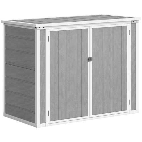Outsunny 4.7 x 2.5FT Garden Shed, Double Bin Storage Shed with Lockable Doors, Outdoor Small Shed with Openable Lid for 2 Trash Cans, Garden Tools, Grey