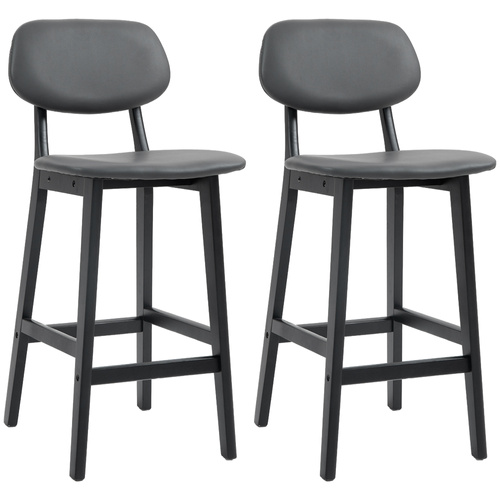 HOMCOM Bar Stools Set of 2, Breakfast Bar Chairs, PU Leather Upholstered Kitchen Stools with Backs, Footrests and Solid Wood Legs, Dark Grey