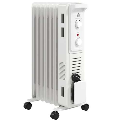 HOMCOM 1500W Quiet Oil Filled Radiator, 7 Fin Energy Efficient Portable Electric Heater with 3 Heat Settings, Adjustable Thermostat, Safety Tip Over, Overheat Protection, for Home, White