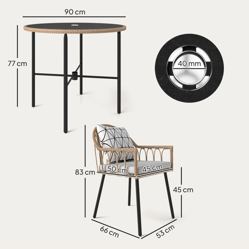Outsunny 5 Piece Patio Rattan Dining Set, Wicker Garden Table and Chairs w/ Removable Seat & Back Cushions, Round Tempered Glass Tabletop, Parasol Hole, Outdoor Furniture Conservatory Set, Light Brown