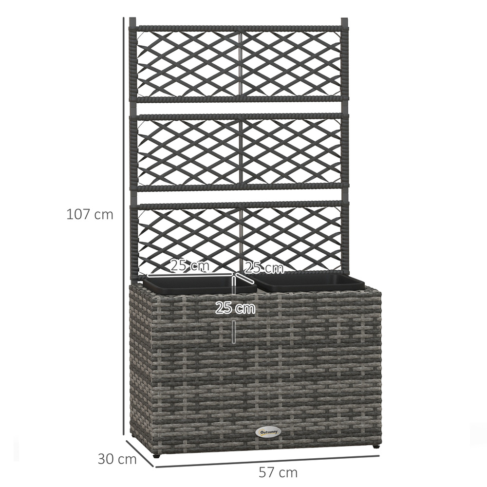 Outsunny 22 L Rattan Planter with Trellis, Freestanding Raised Beds for Garden with Two Plant Boxes, Outdoor Planter for Climbing Plants, Flowers, 57 x 30 x 107 cm, Mixed Grey