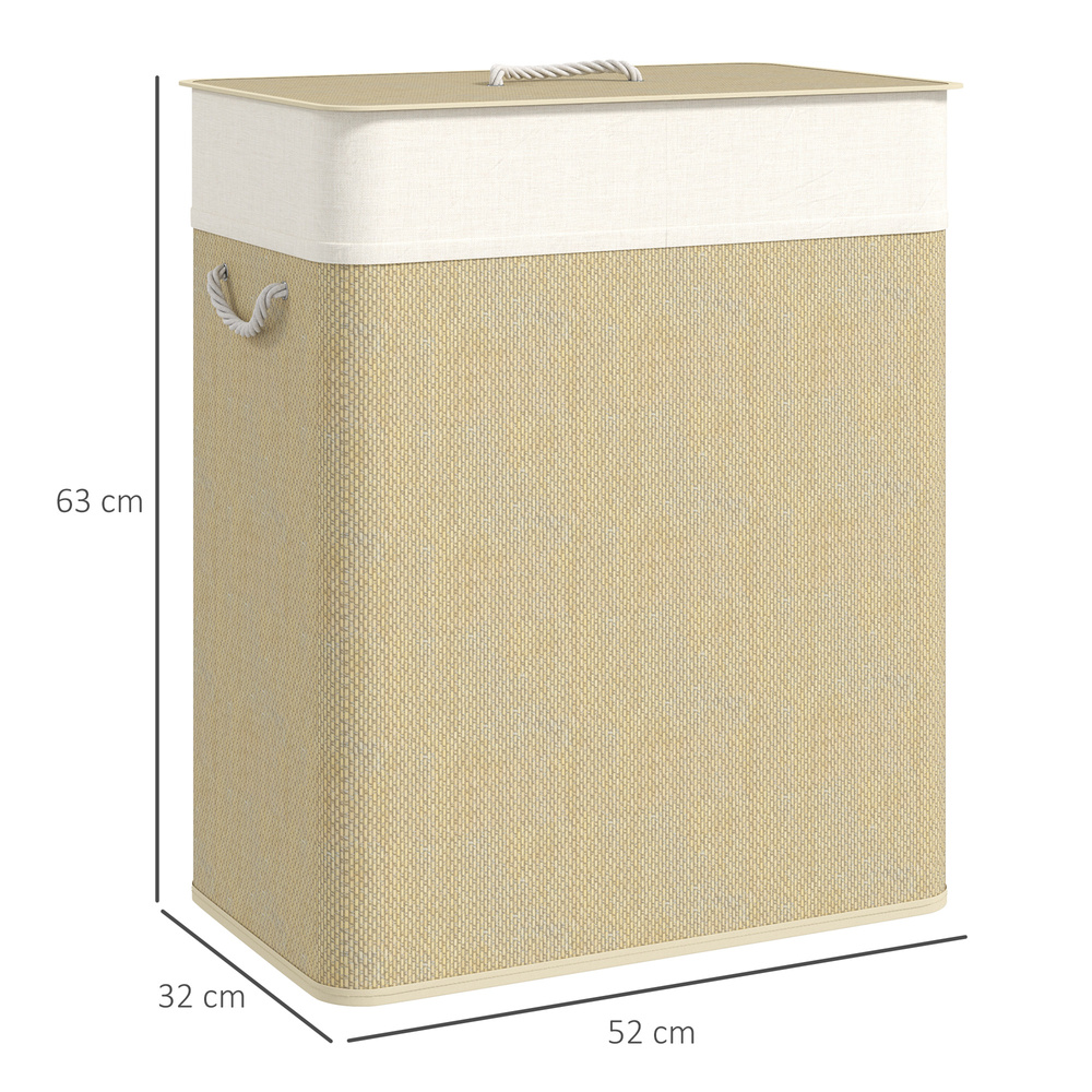 HOMCOM Double Laundry Basket with Lid, 100L Bamboo Laundry Hamper with Rope Handles, Washing Basket with Removable Liner for Bathroom, Bedroom, Cream White
