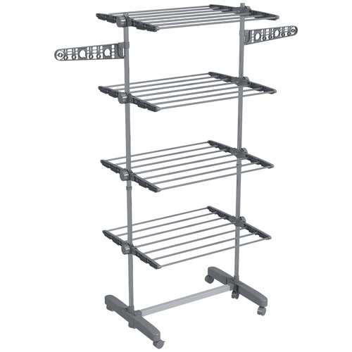 HOMCOM Four-Shelf Collapsing Clothes Horse, With Side Arms and Wheels - Grey