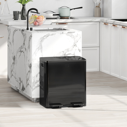 HOMCOM 40L Dual Compartment Stainless Steel Bin, with Deodoriser Holders - Glossy Black