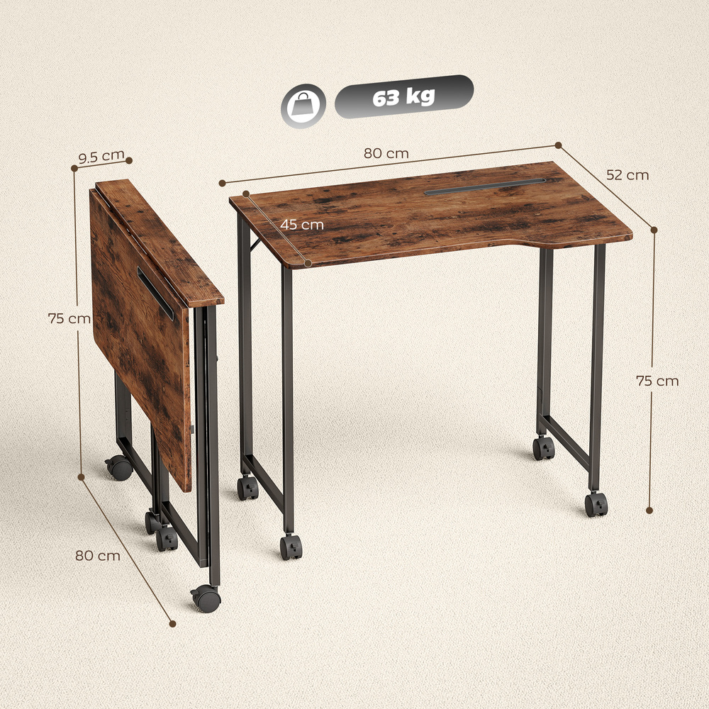 HOMCOM Folding Small Desk on Wheels - Rustic Brown
