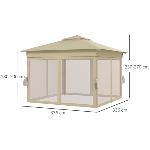 Outsunny 3.36 x 3.36m Pop Up Gazebo Party Tent with Solar-Powered LED Lights, Adjustable Event Shelter with Netting, Khaki