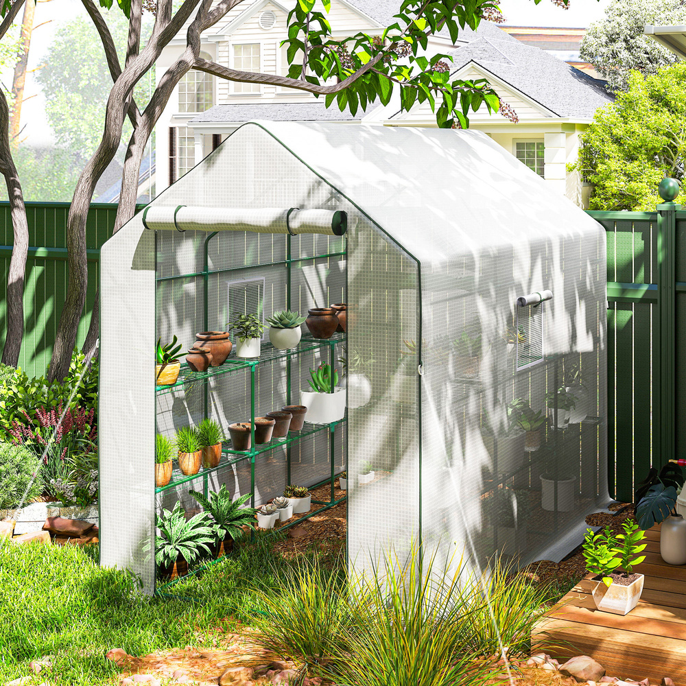 Outsunny Walk-in Greenhouse with 3 Tier 12 Shelves, Small Greenhouse with Reinforced PE Cover, Garden Plant Growhouse with Roll-up Door and Three Mesh Windows, 140 x 213 x 190 cm, White
