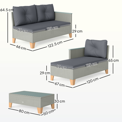 Outsunny 3 Pieces Rattan Garden Furniture Set, L Shaped Garden Conversation Chaise Lounge Furniture with Wood Top Coffee Table and Thick Cushions, Charcoal Grey