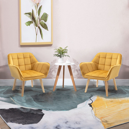 HOMCOM Armchair Accent Chair, Vanity Chair with Wide Arms, Slanted Back, Padding, Metal Frame, Wooden Legs, Home Bedroom Furniture Seating, Yellow