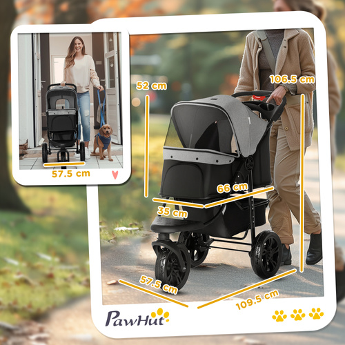PawHut Dog Stroller Pram, 3-Wheel Foldable Pet Stroller with Invisible Sky Roof, for Small Dogs & Cats, Red