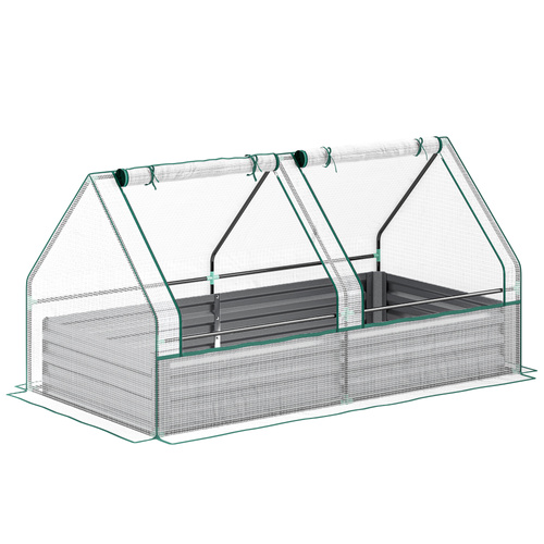 Outsunny Metal Planter Box with Cover, Raised Garden Bed with Greenhouse, for Herbs and Vegetables, White and Dark Grey