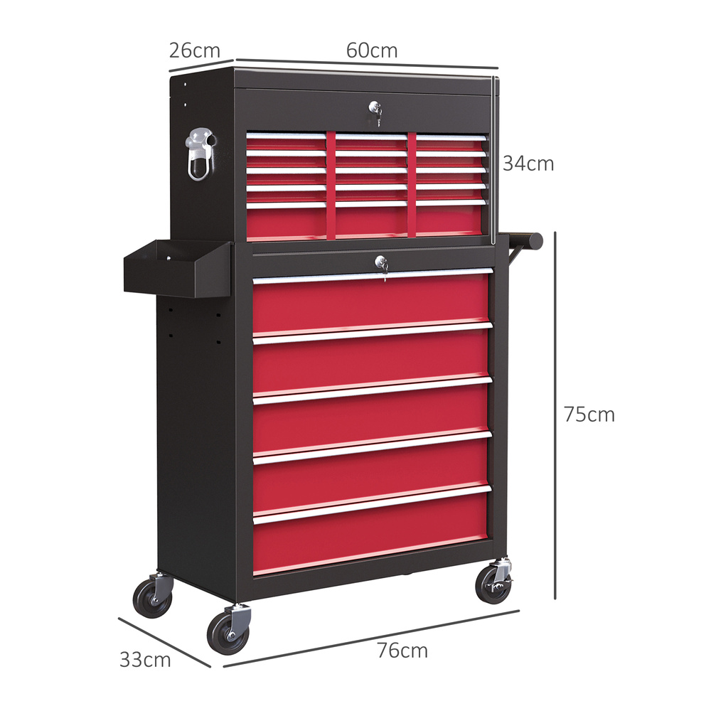 HOMCOM 14 Drawer, Two-Part Tool Storage Chest on Wheels - Red