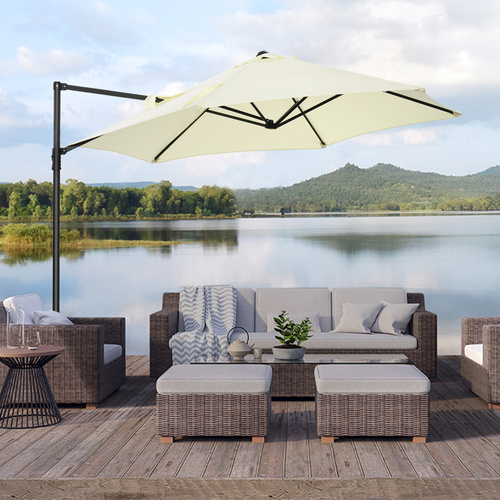 Outsunny 2.5M Garden Cantilever Parasol, Offset Roma Patio Umbrella Hanging Sun Shade Canopy Shelter with 360° Rotation and Cross Base, Beige