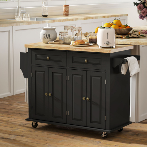 HOMCOM Rolling Kitchen Island Storage Trolley with Rubber Wood Top & Drawers for Dining Room, Black