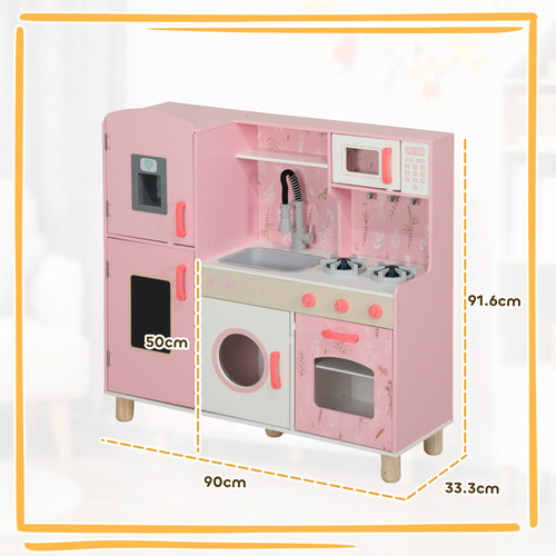 AIYAPLAY Play Kitchen, Kids Kitchen Set with Lights and Sounds, Double Stoves, Ice Maker, Chalkboard for 3+ Years, Pink
