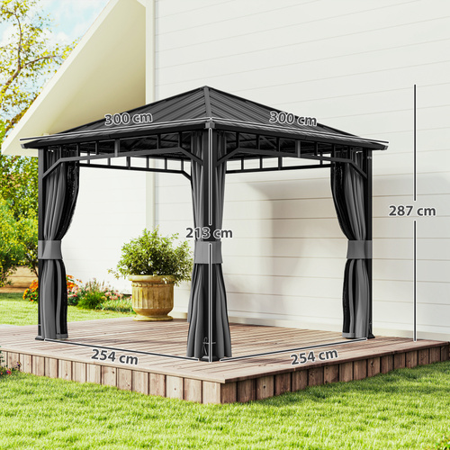 Outsunny 3 x 3(m) Hardtop Gazebo with Galvanised Steel Roof, Waterproof Permanent Pavilion Garden Gazebo with Netting and Curtains for Patio, Deck