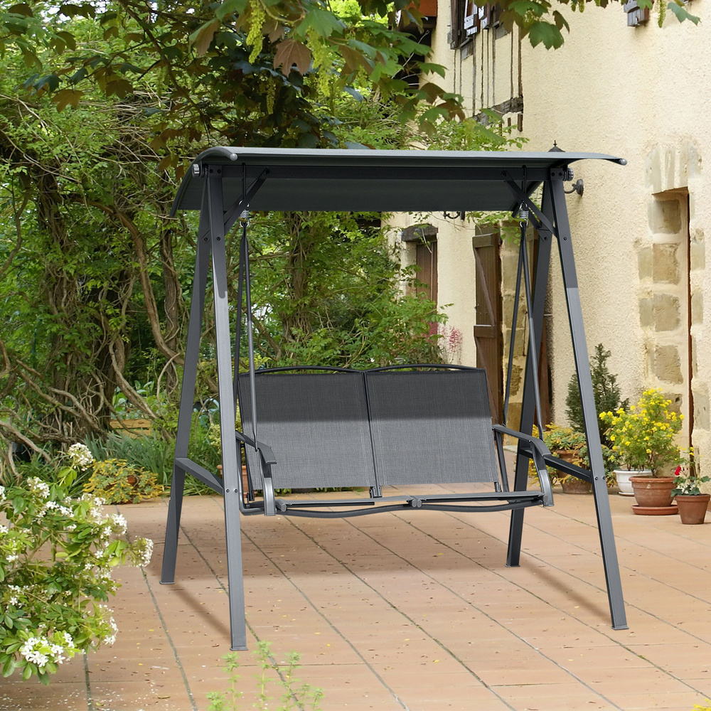 Outsunny 2 Seater Garden Swing Seat Swing Chair, Outdoor Canopy Swing Bench with Adjustable Shade, Metal Frame and Texteline Seat, Dark Grey