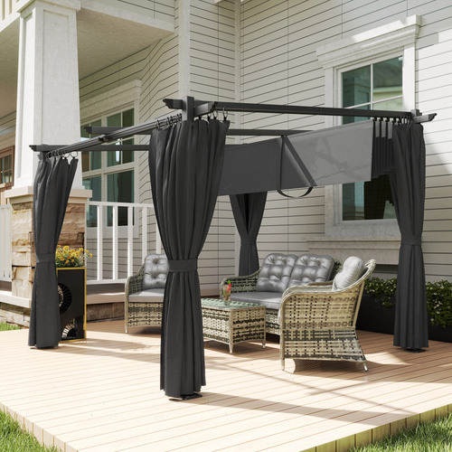 Outsunny 3 x 3 m Retractable Roof Pergola, with Curtains - Dark Grey
