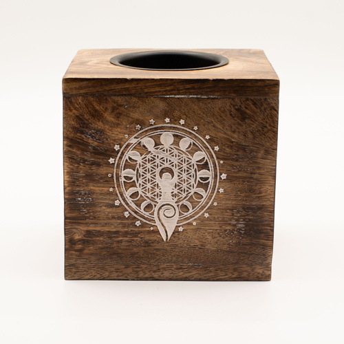 Large Square Mango Wood Oil Burner - Moon Goddess